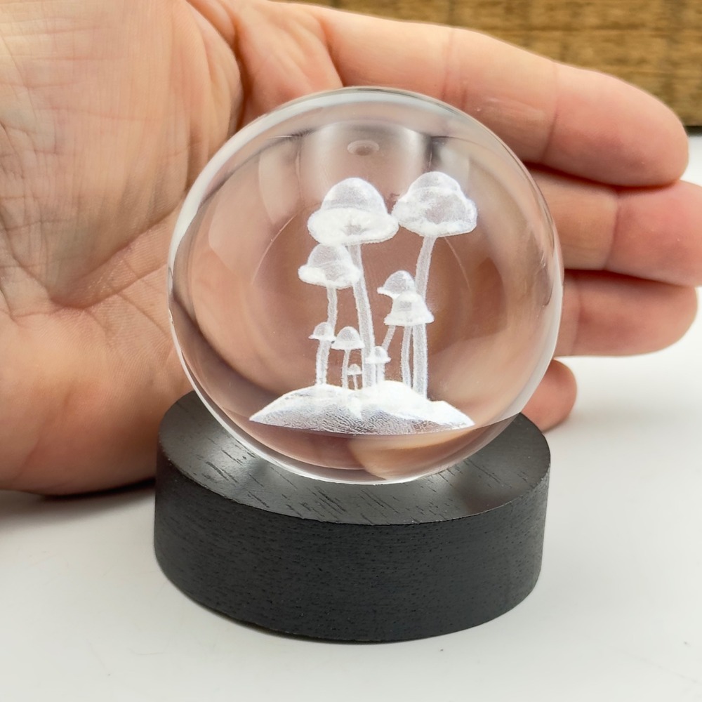 Mushroom Crystal Ball Clear 3D Laser Etched Glass Orb Wood Base Decor Small
